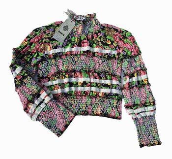 Blouse col cheminée chic smock fleurs bariolée dentelle haut habillé automne hiver polka chemisier