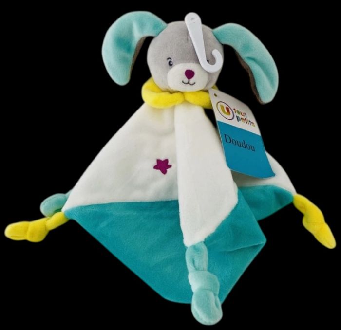 ❤️B4992 Doudou Plat Mouchoir Lapin Blanc Bleu Etoiles Tout Petits SYSTEME SUPER U - photo numéro 2