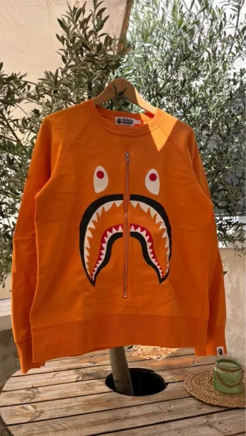 Pull A Bathing Ape Shark imprimé graphique coton-mélange zip sweat-shirt orange homme taille M