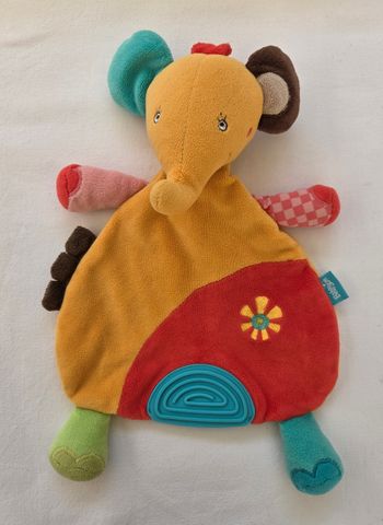 Doudou plat Éléphant orange ,rouge,fleurs, dentition, Babysun
