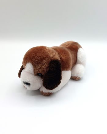 Petite peluche ancien doudou chien marron beige blanc PYRAGRIC Vintage 22 cm