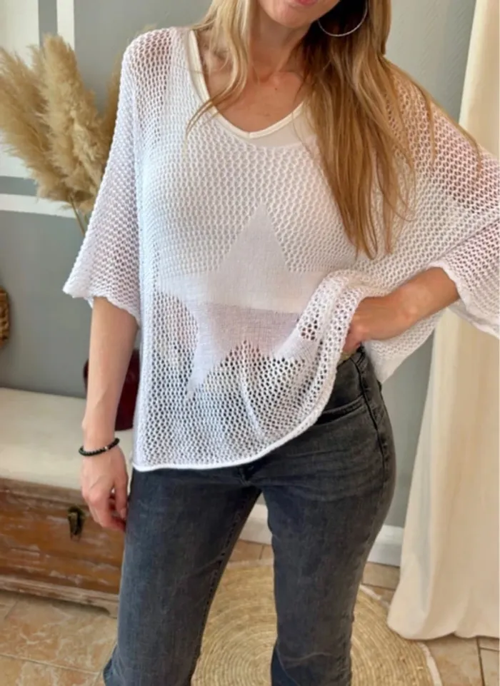 Top oversize blanc ajouré avec étoile - photo numéro 9