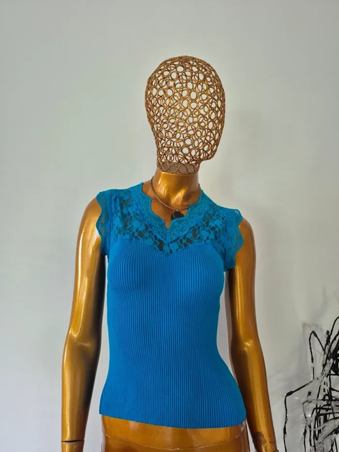 Top en dentelle Bleu sans Manches Femme Taille Unique