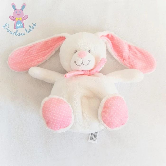 Doudou Lapin boule blanc rose à pois TEX