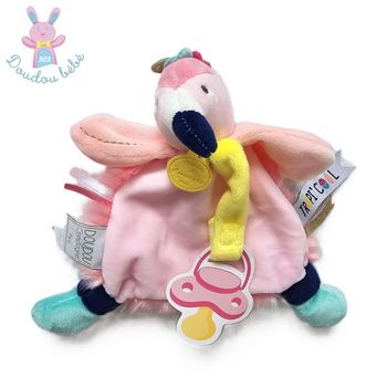 Doudou plat Flamant Rose Tropi'cool attache tétine DOUDOU ET COMPAGNIE