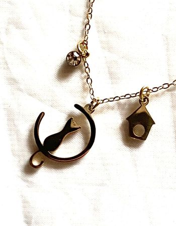 Collier Pendentif Demi Cercle Petit Chat Intérieur Maisonnette Strass Bijou Doré Fantaisie Femmes