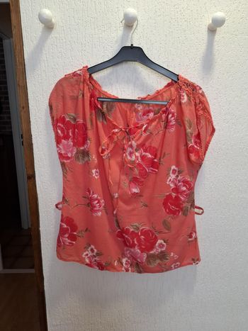 Belle blouse femme fleurie orange/rouge 46/48 100 % coton excellent état