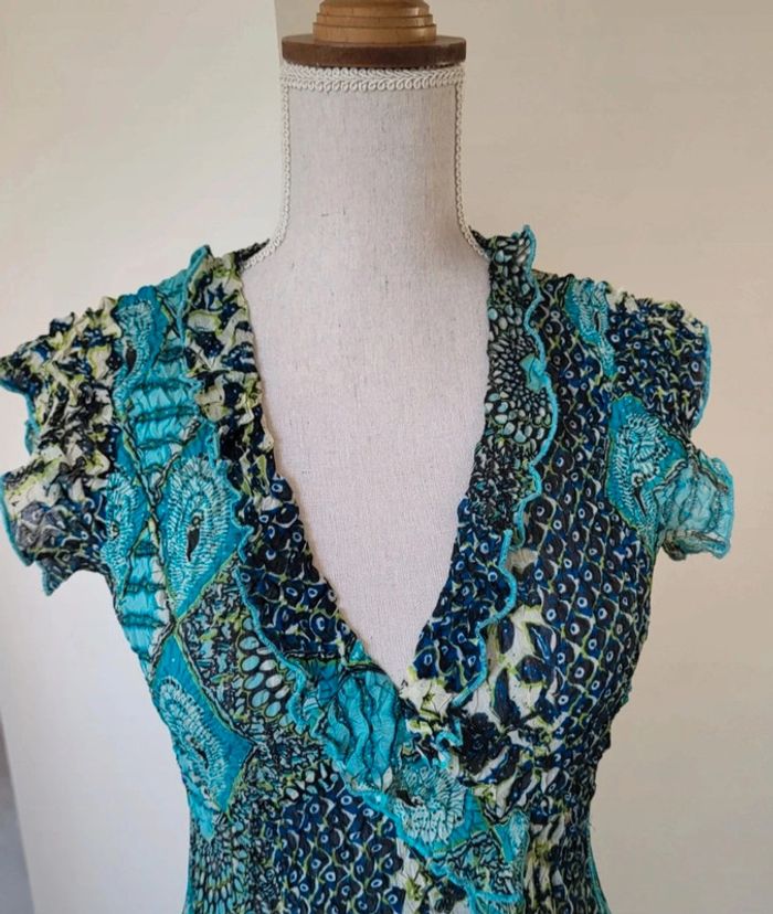 Blouse manches courtes à motifs bleu marine turquoise et vert anis Julie Guerlande Taille 1 ou 34 - photo numéro 2