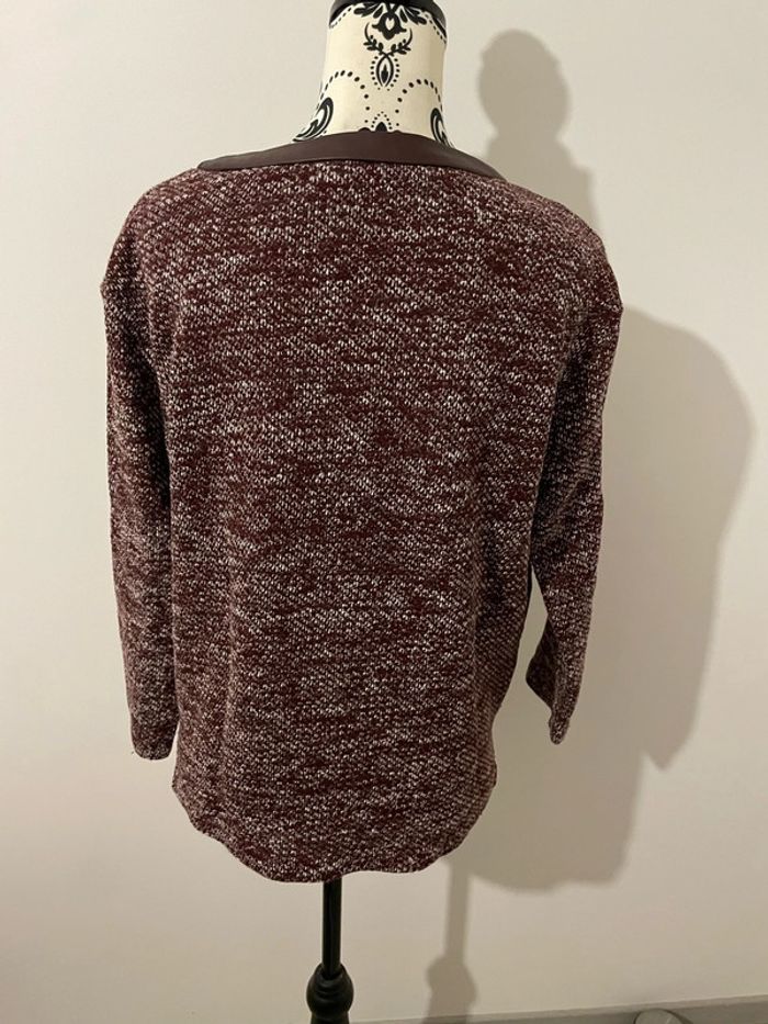 Pull à manches longues bordeaux chiné blanc col et côté en similicuir mango taille S - photo numéro 5