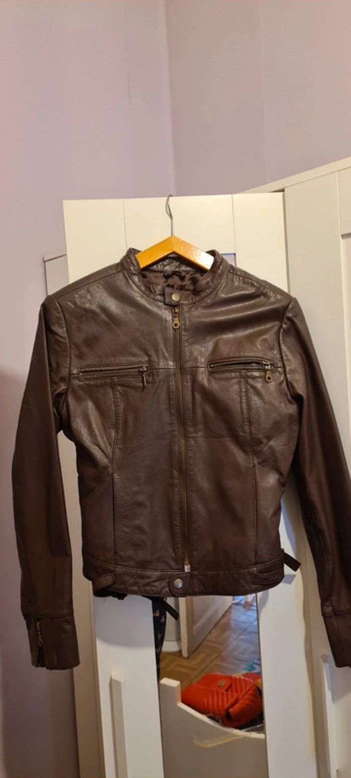 Veste biker tout cuir marron doublé t 36 neuf Soft Grey
