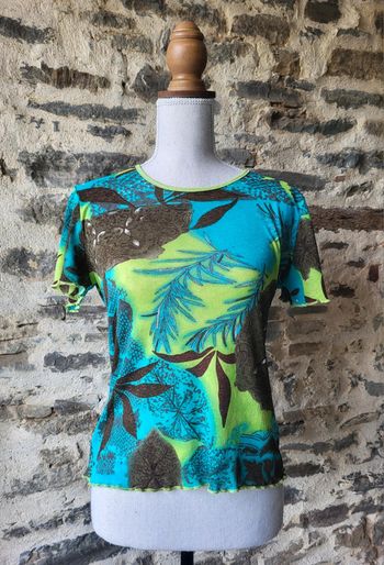Blouse tshirt manches courtes bleu turquoise marron et vert anis Julie Guerlande Taille 36