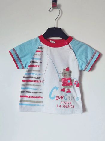 Tee-shirt bleu ciel blanc rouge chat / Tom & Kiddy - 12 mois
