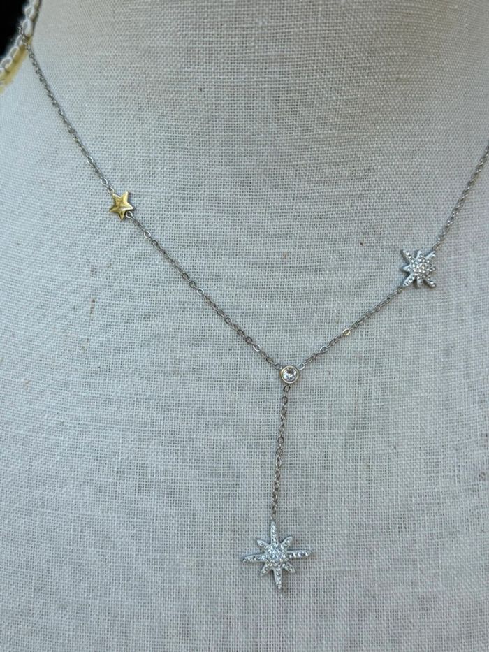 Collier V réglable acier inoxydable argent croix étoile cristaux