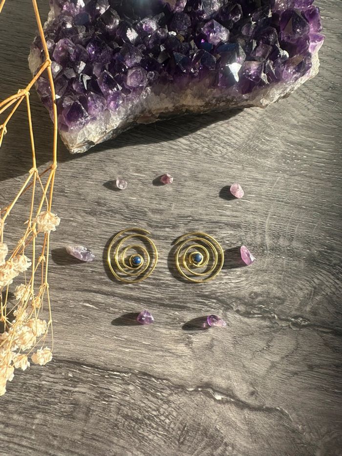 Boucles d'oreilles bronze et Lapis Lazuli véritable - Pierre naturelle - photo numéro 2