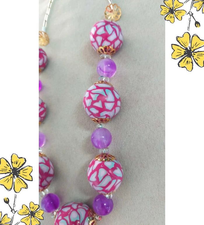 Collier vintage fait main – Perles roses en polymère & perles violettes – Collection Nuances de Rose - photo numéro 2