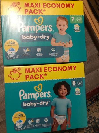 Lot de 2 maxi paquets neuf couches Pampers baby dry tailles 7 et 8