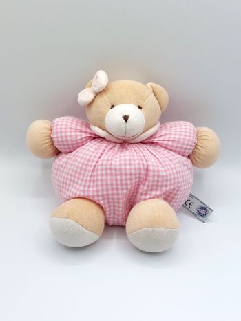 Peluche ours boule rose vichy beige MGM nœud grelot 18 cm sos doudou