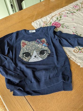 Pull fille 4-6ans motif sequins tête de chat argenté