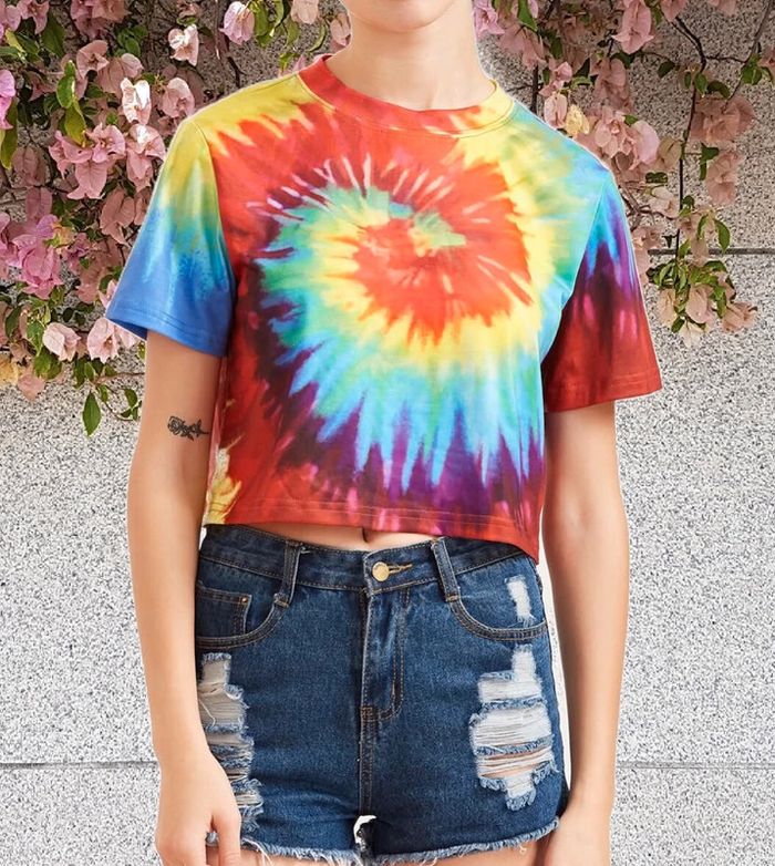 🌈 T-shirt court crop-top multicolore style hippie vintage 70s - photo numéro 3