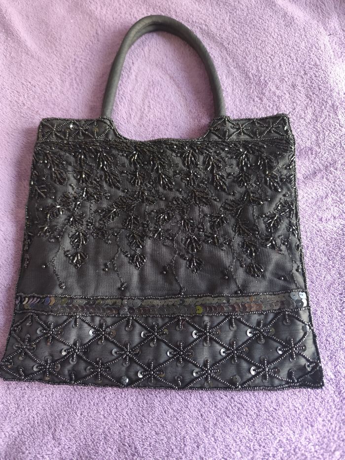 Petit sac à main vintage tissu brodé fermeture anse noir pampille perle sequin - photo numéro 2