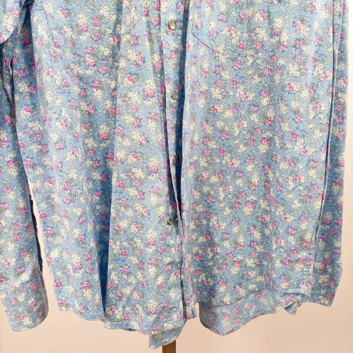 Chemise vintage fleurie Cordovan taille L bleu ciel à fleurs roses coupe droite A1496 - photo numéro 4