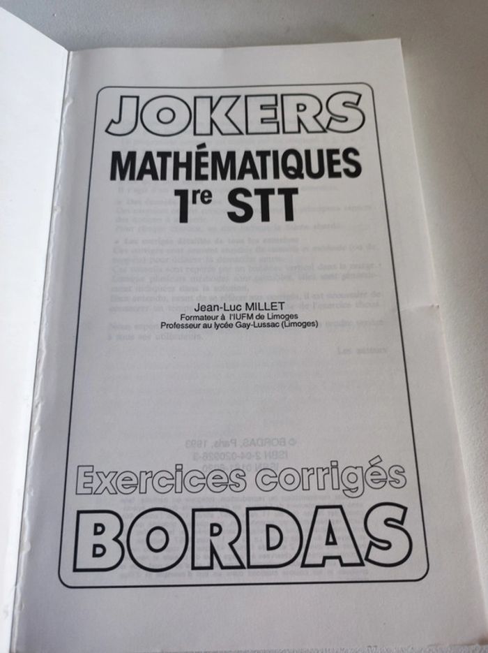 Livre Jokers Math 1ère STT Bordas exercices corrigés - photo numéro 2