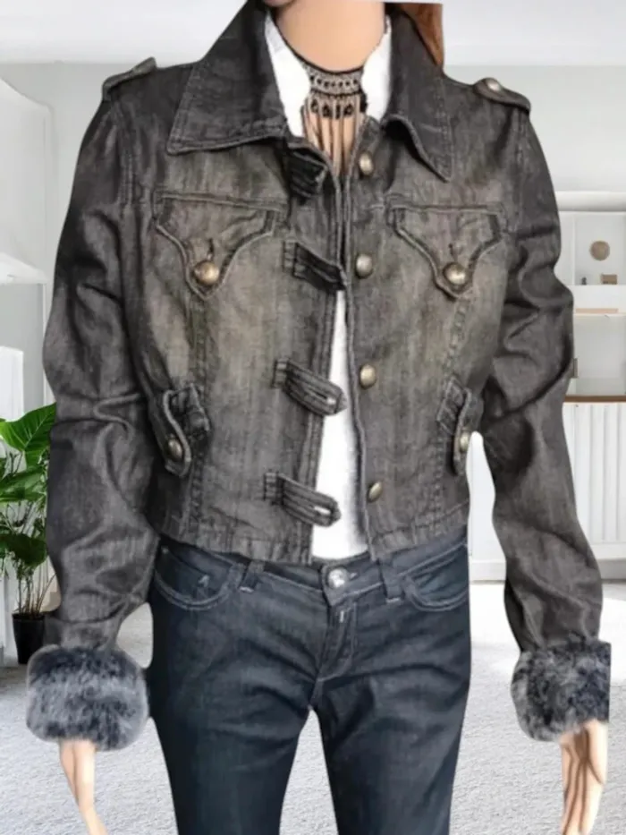 Veste courte jean gris ,Morgan ,coupe droite ,extrémité manches fourrées