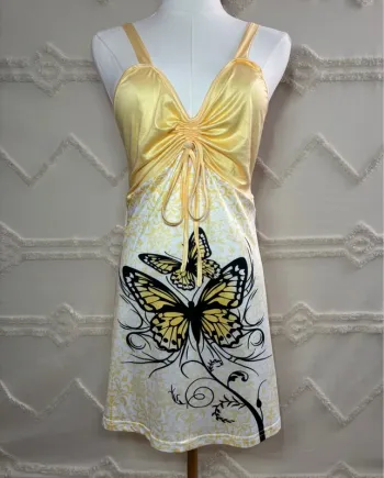 Tunique jaune satinée papillon – style y2k vintage fairycore – taille L