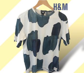 T-shirt coton blanc imprimé motifs tâches bleues col rond manches courtes