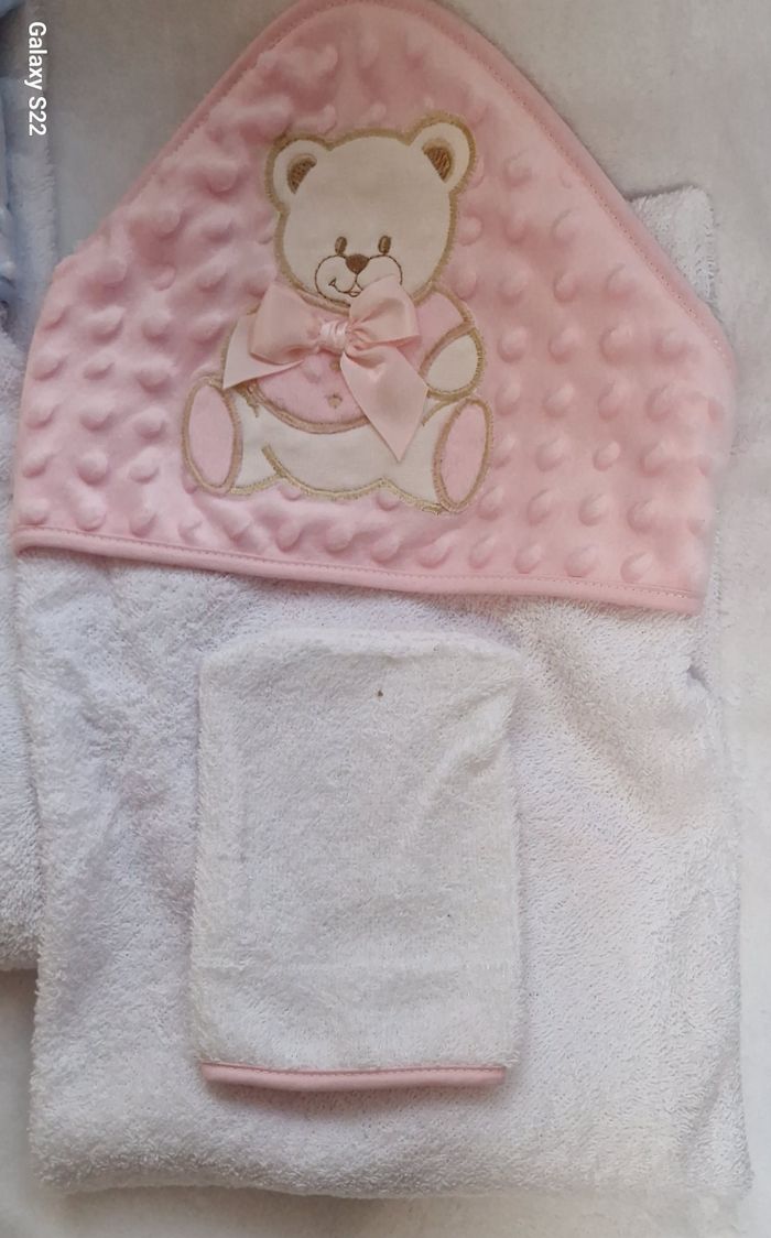Cape de bain +gans de toilette ourson rose