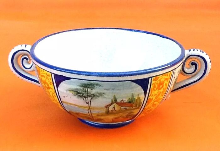 Ecuelle à bouillon sur piédouche Céramique polychrome Italienne - photo numéro 2