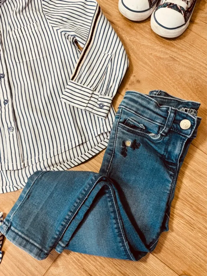 Taille 3 ans tenue 4 pièces fille TAO bleu * rayures * 🩷 - photo numéro 5