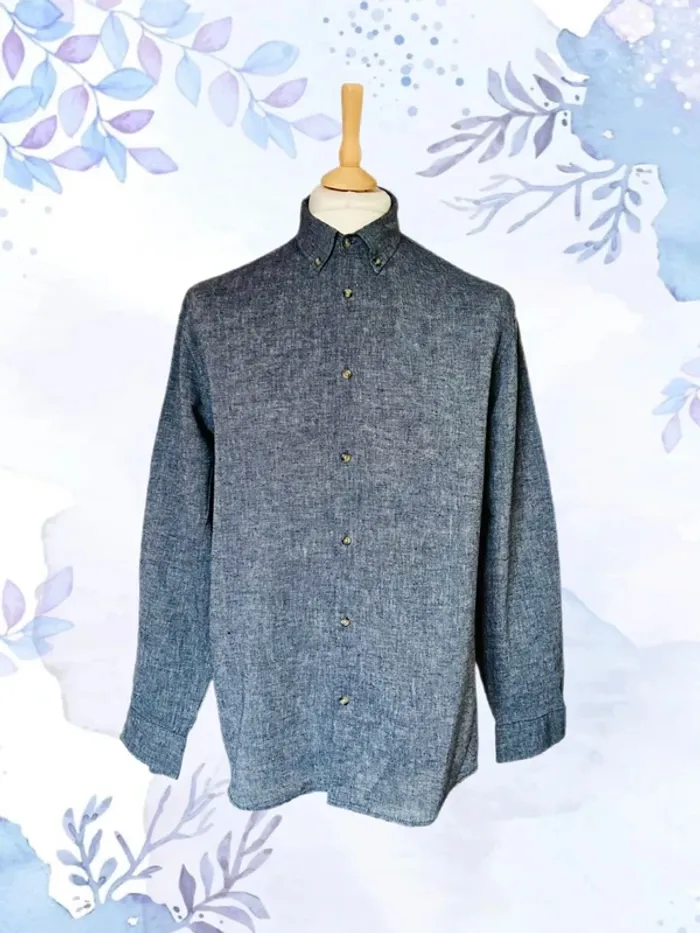 🔹🌿Chemise en lin coton chambray vintage homme Taille L Blue denim linen shirt🌿🔹