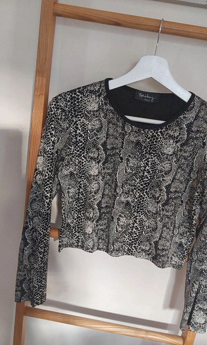 Haut court top croc crop reptile noir beige T 36 - photo numéro 6