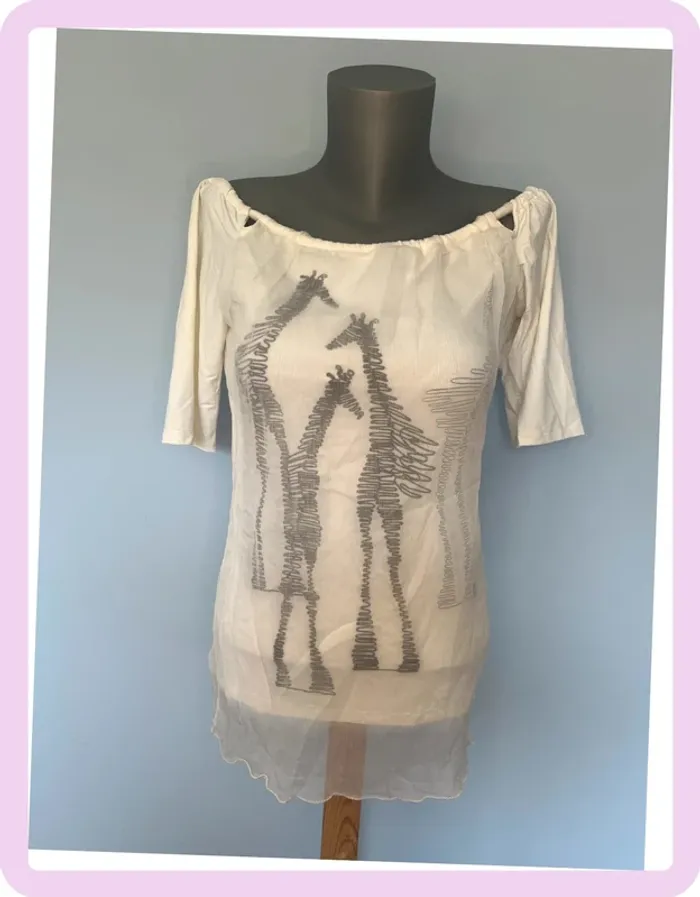 Haut Save the Queen T. L – Soie blanc cassé, tulle girafes, dos noué