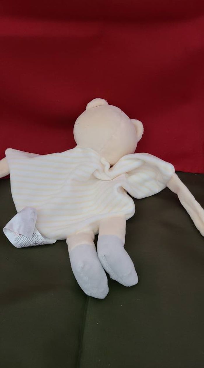 Doudou plat Ours grelot beige blanc gris jaune rayé TOM & KIDDY - photo numéro 4