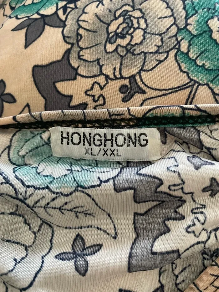 T-shirt tunique manches courtes col bijou rond rose à motifs fleuris vert noir honghong très 42 - photo numéro 5