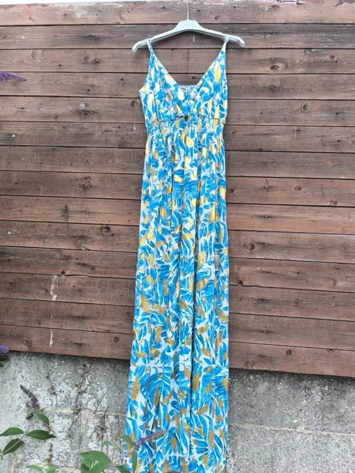 Robe longue imprimée bleue et feuilles dorées été taille 40/42 - photo numéro 3