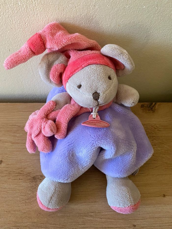 Doudou souris avec son nounours rose violet graffitis doudou et compagnie