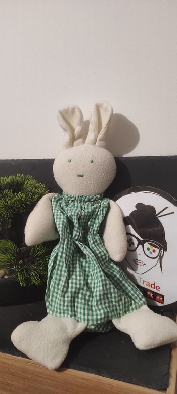 Doudou lapin range-pyjama vert blanc peluche ancien carreaux bledina Vichy
