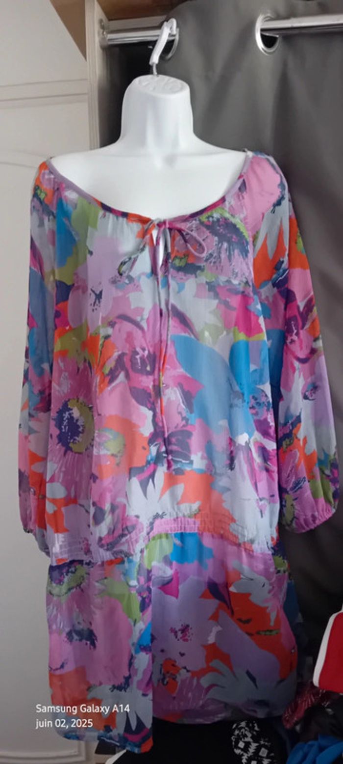 Robe tunique longue en voile motif floral coloré femme 44/46 yessica - photo numéro 4