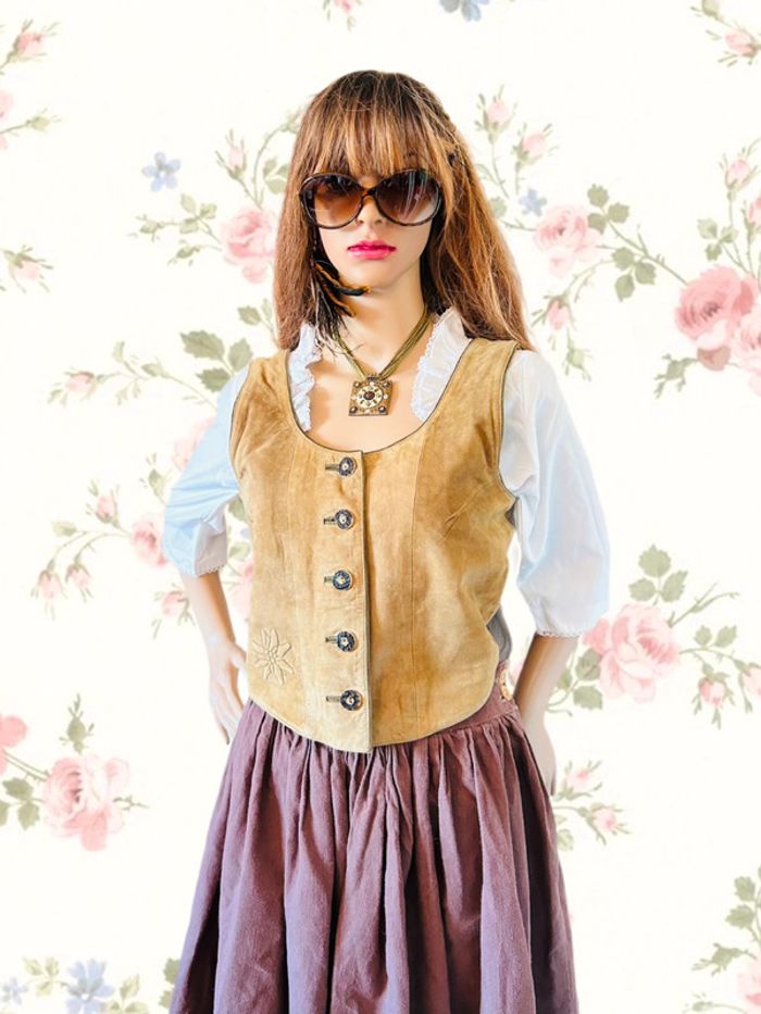 🤎🌿Gilet cuir vintage daim naturel autrichien cottagecore forest leather sleeveless jacket🌿🤎 - photo numéro 4