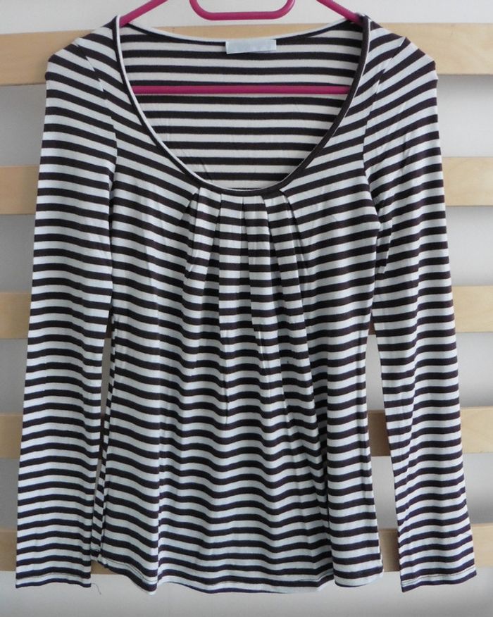 T-shirt rayé blanc et marron à manches longues. Promod. Taille 36