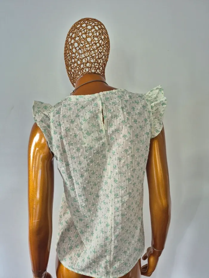 Blouse Manches Courtes Verte et Crème Femme Taille M/38 - photo numéro 2
