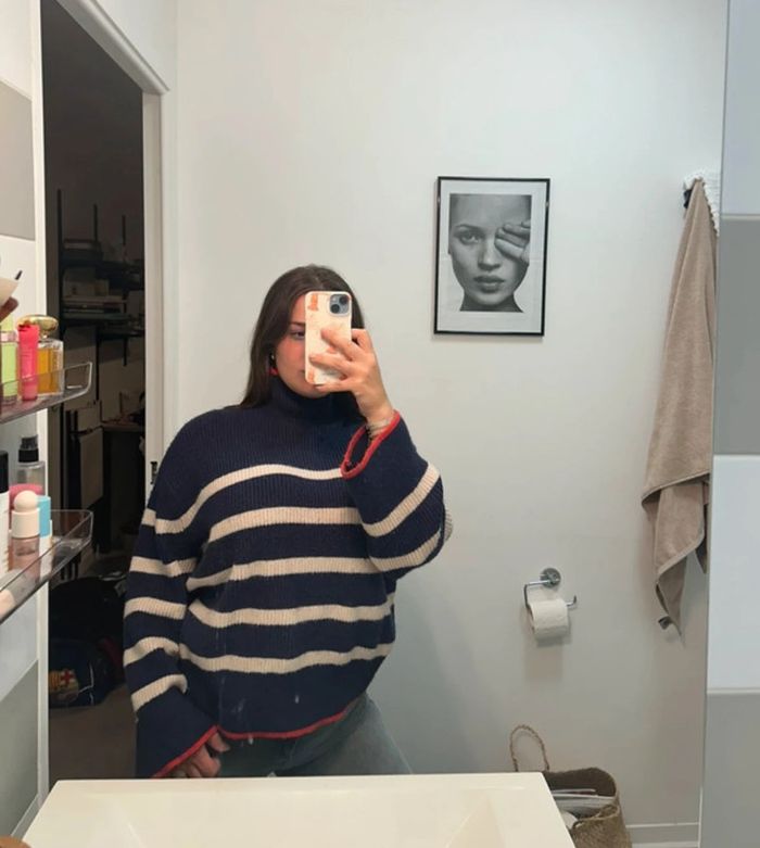 Pull hiver marinière col roulé rayures rouges bleu blanches - photo numéro 6