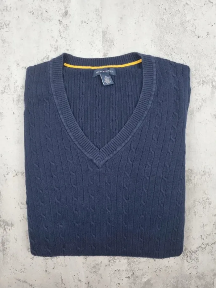 Pull col V torsadé Tommy Hilfiger bleu marine – Taille XL Femme (mesures en photos) - photo numéro 2