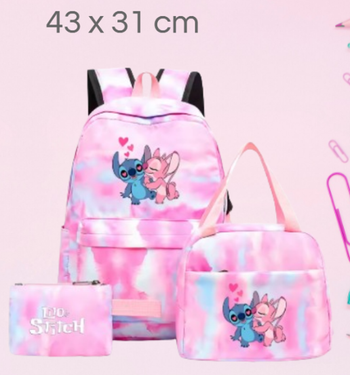🌸 Ensemble scolaire Sac à Dos, Lunchbox et Trousse Stitch & Angel rose