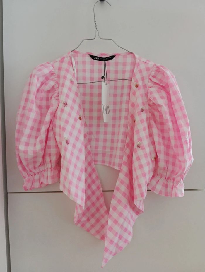 Top à nouer Zara à carreaux rose taille L - photo numéro 6