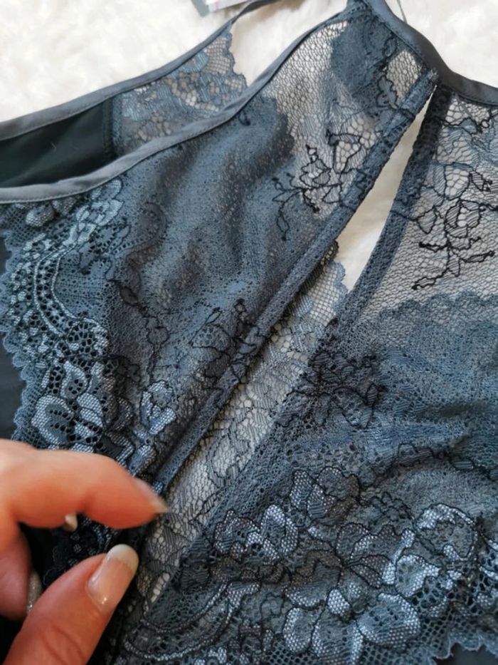 Caraco bustier top lingerie satin et dentelle gris foncé Sylvie Designs S 36 - photo numéro 4