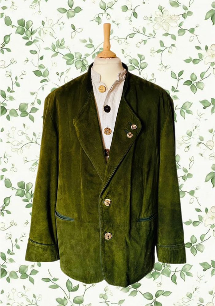 🌲Veste blazer cuir daim vert sapin vintage autrichien trachten suede leather blazer🌲 - photo numéro 2
